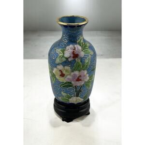 Vintage Mini Chinese Enameled Cloisonne Vase w/ Stand 3 inch Blue PinkFloral